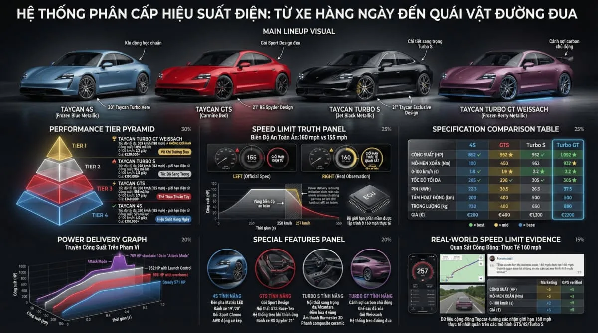 Tốc độ tối đa xe Porsche Taycan Turbo S và các phiên bản khác